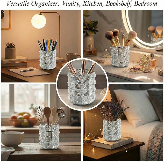 YAGELI Crystal Pen Holder for Desk, 3.58" Gold/Silver Pencil Cup, Elegant Office Desk Accessories for Women, Modern Home Office Decor, Teacher Gift - Compact Vanity Makeup Brush Organizer(Silver)