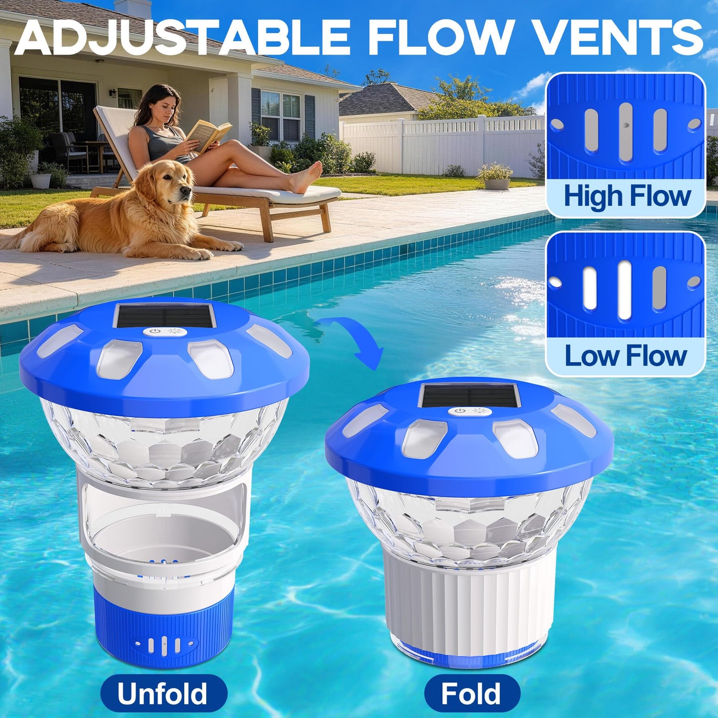 AquClor Chlorine Floater with Light,Pool Chlorine Floater with Adjustable Flow,Solar Chlorine Floater w/Large Capacity,Collapsible Floating Chlorine Dispenser for Pool,Hot Tub Chlorine Floater,Blue