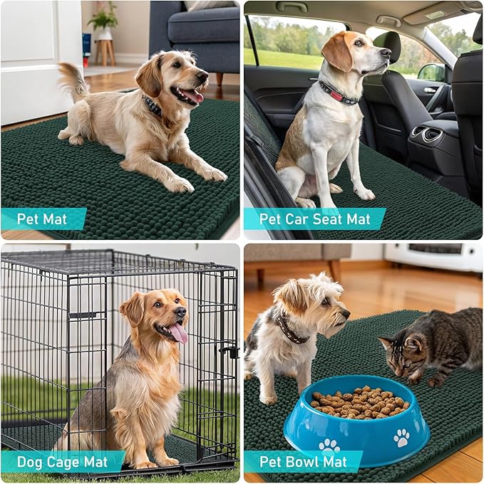 OLANLY Dog Door Mat for Muddy Paws 59x24, Absorbs Moisture and Dirt, Absorbent Non-Slip Washable Doormat, Quick Dry Chenille Mud Mat, Entry Indoor Entryway Carpet for Inside Floor, Blackish Green