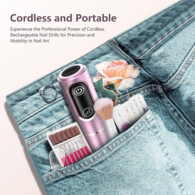 Cordless Nail Drill Electric Rechargeable File Kit, Professional Efile Acrylic Gel Nail Polish Remover Pedicure Manicure Machine Portable Set with 11 Bits 56 Sanding Bands (Pink)