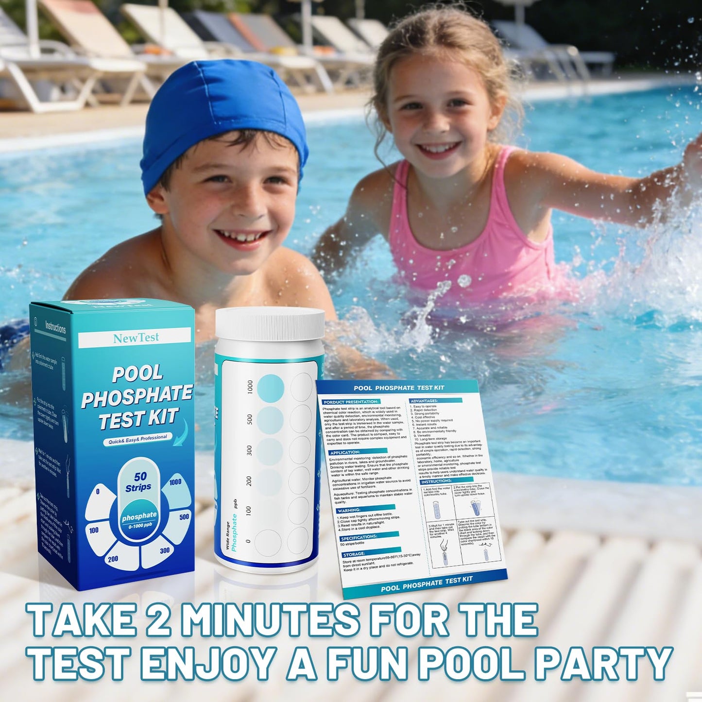 NewTest Pool Phosphate Test Kit: 50CT Professional Phosphate Test Strips for Swimming Pools Water Accurate & Easy to Read (50)
