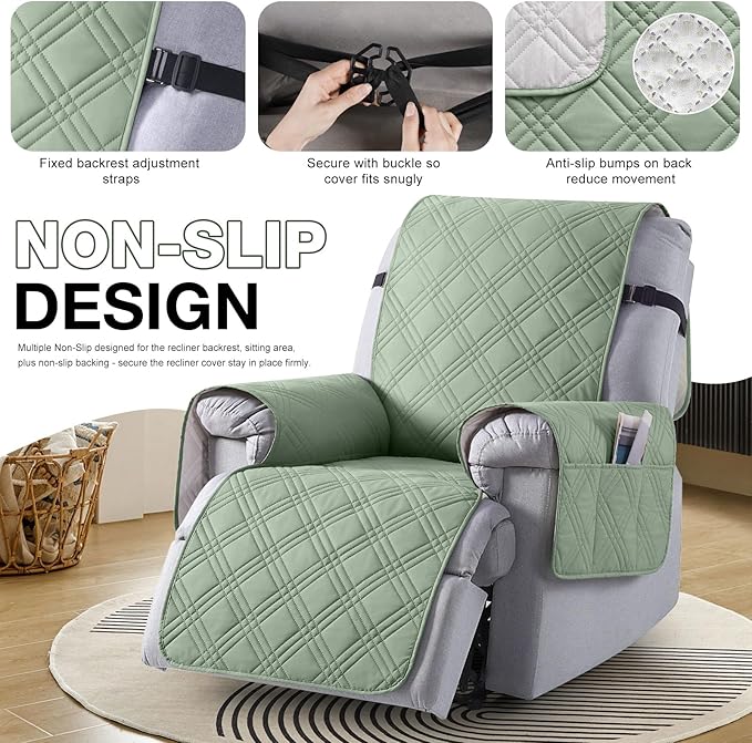 TAOCOCO 100% Waterproof Recliner Chair Covers, Non Slip Recliner Covers for Recliner Chair with Pocket, Washable Reclining Chair Cover Furniture Protector for Kids,Dogs(22'', Sage Green)