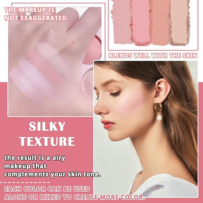 4 Colors Blush Palette for Cheeks - Face Matte Contour Makeup Palette, Buildable Shimmer Facial Cheek Blusher Shades, Blendable Cosmetic With Brush 03