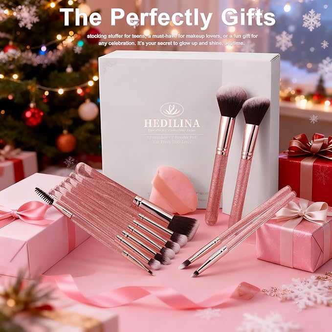 Pink Makeup Brushes Set 14 Pcs Professional, Synthetic Foundation Concealer Powder Blush Eyeshadow Brushes with 2 Powder Puffs & Dual-ended Mask Applicator, Gifts for Women Teen Girls