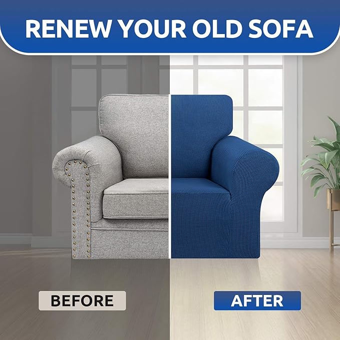 KEKUOU Stretch Single Sofa Slipcover 1 Piece Couch Sofa Cover (31"-55") Furniture Protector 1 Seater Sofa with Elastic Bottom for Kids,Pet.Jacquard Small Checked Pattern Fabric(Small,Classic Bluel)