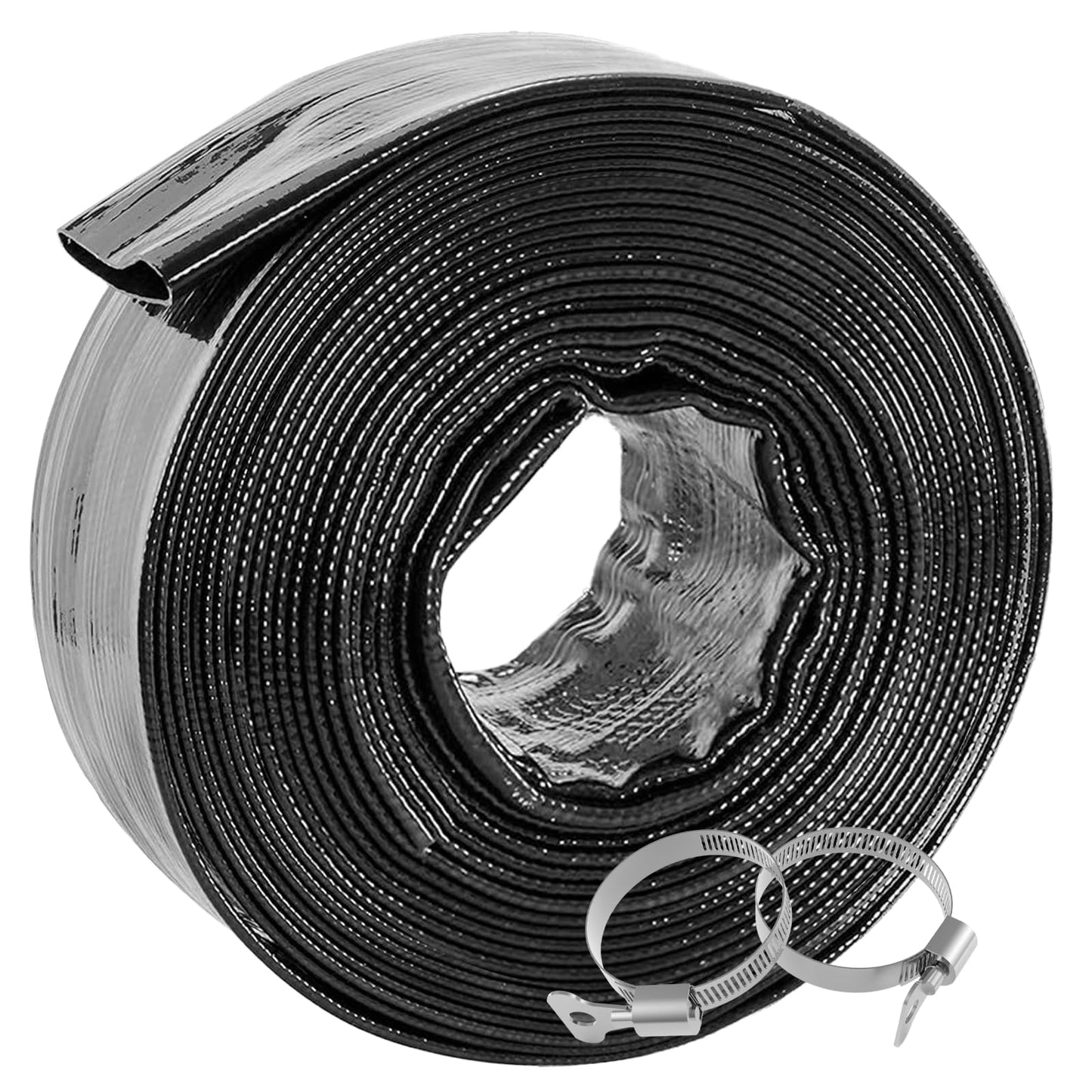 Poolvio Backwash Hose 2" x 50 ft, Heavy-Duty Lay-Flat Reinforced PVC Discharge Hose with 2 Stainless Steel Thumb Screw Clamps, Leak-Resistant for Inground & Above-Ground Pool Filters