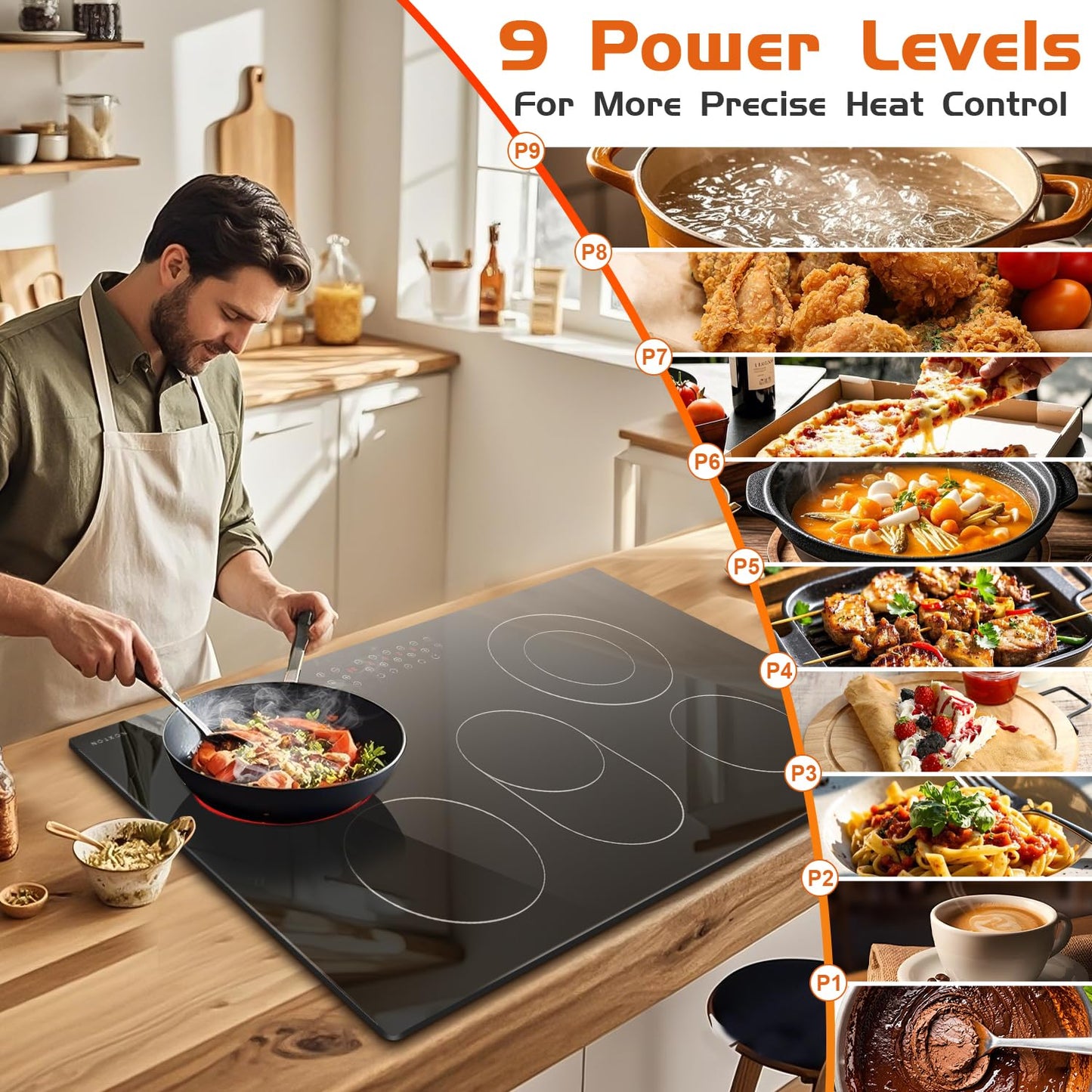 Noxton 36 Inch Electric Cooktop 5 Burner Electric Stove Top, Built-in Radiant Ceramic Cooktop with Extended Zone, Sensor Touch Control, Child Safety Lock, Timer, Pause, 8400W 240V Hard Wire