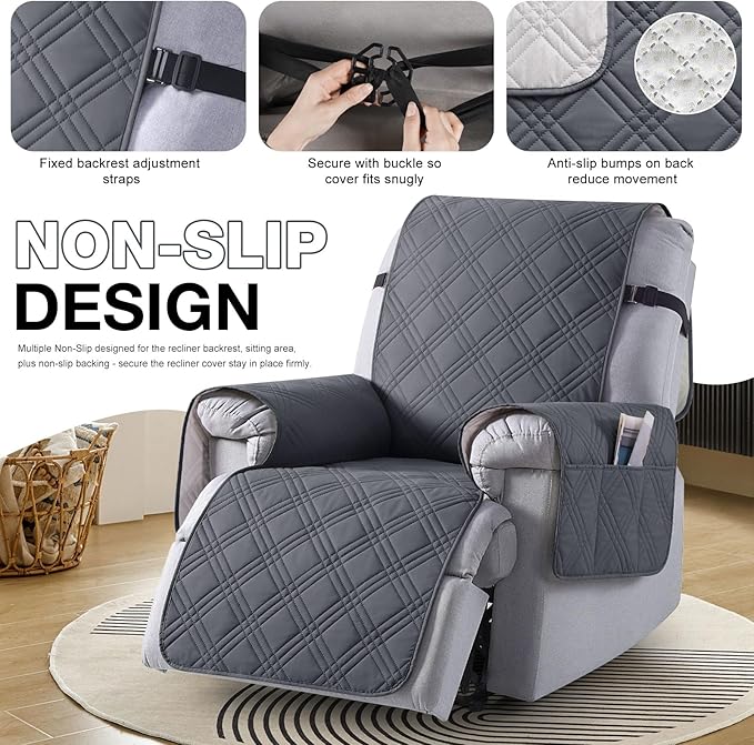 TAOCOCO 100% Waterproof Recliner Chair Cover Stay in Place, Recliner Covers for Small Recliner Chair with Pocket, Reclining Chair Cover Furniture Protector for Kids, Pets(X-Small Chair, Dark Grey)