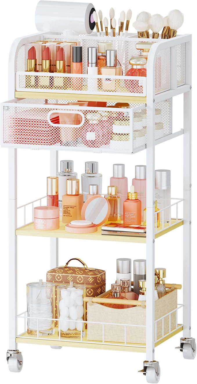 HapiRm Makeup Organizer Storage Cart - 4 Tier Skincare Make Up Storage with Drawer, Rolling Makeup Cart Vanity Organizer Cosmetics Display Cases Holder for Skin Care Perfume Nail Polish Brush