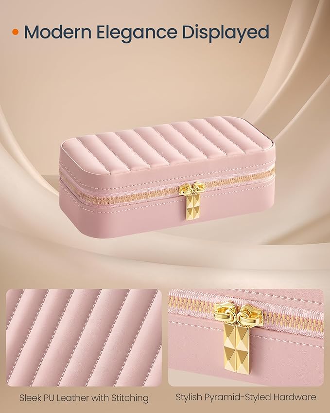 SONGMICS HOME Travel Jewelry Case, Travel Jewelry Box Organizer with Mirror, 4.1 x 8 x 2.4 Inches, Stitching, Portable, Gift Idea, Jelly Pink UJBC180S01