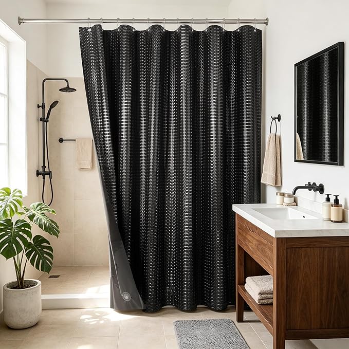 Barossa Design Extra Long Shower Curtain Liner 72" x 84", Waterproof XL PEVA Shower Liner with 3 Magnets for Bathroom, Lightweight, Metal Grommets - Dimensional Black, 72x84