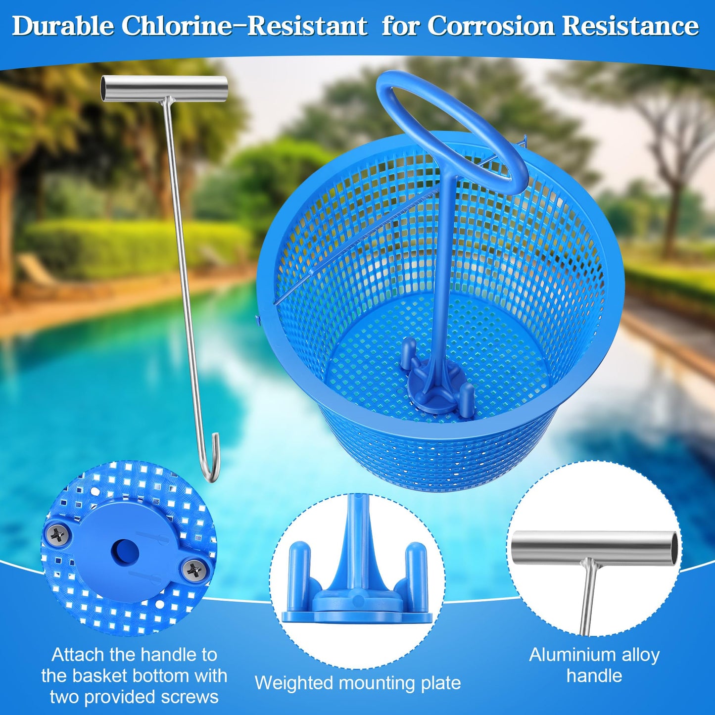 Saillong 2 Set 8" Pool Skimmer Basket for Inground Pool with 2 Skimmer Baskets Handle and 1 Stainless Steel Hook, Blue Universal Pools Filter Basket Skimmers for Debris Removal, Keep Hands Clean