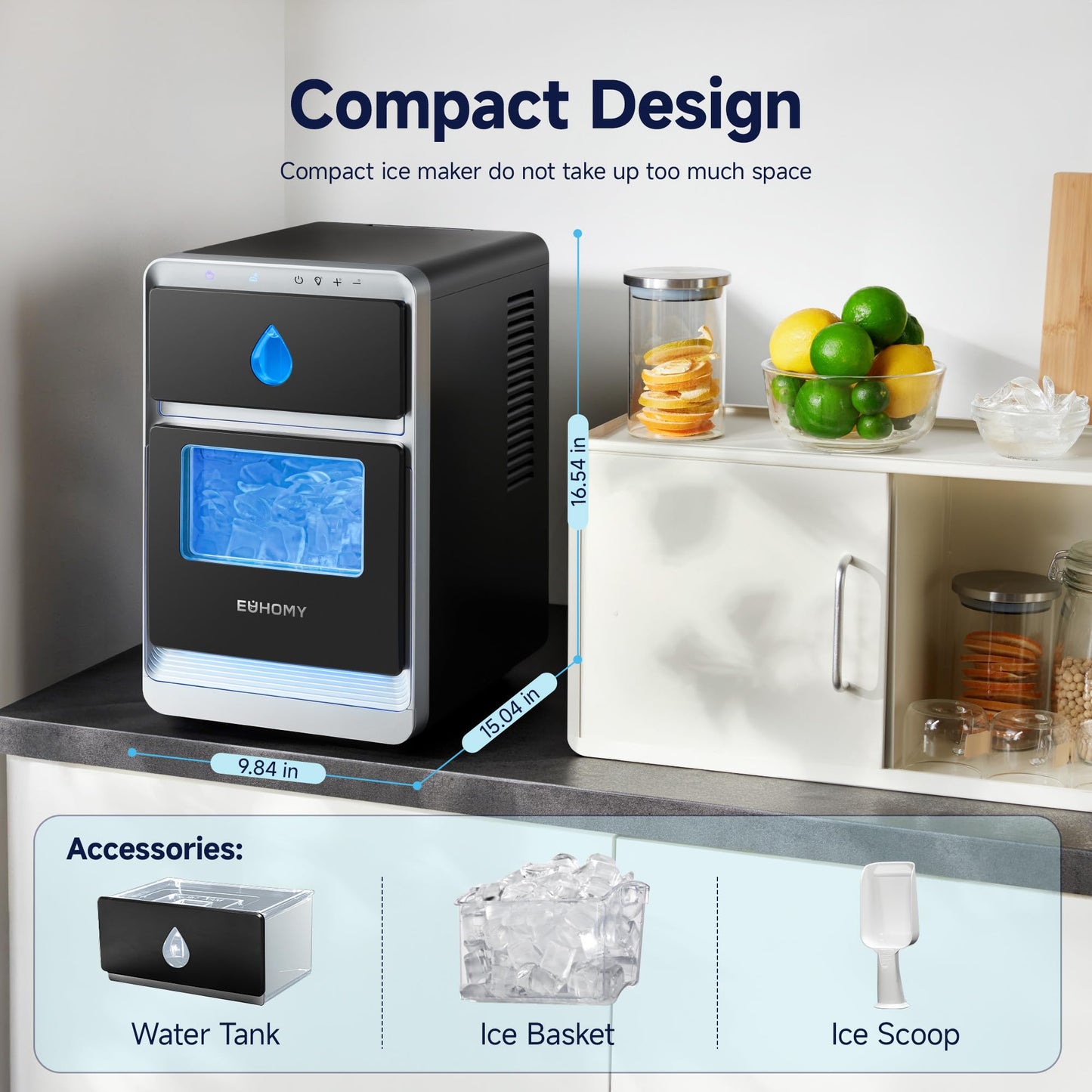 EUHOMY LunaArc Crescent Ice Maker Countertop, 16Pcs Ready in 12Mins, 1600Pcs/Day, Auto Deep Cleaning, Timer, Adjustable Ice Thickness, Portable Ice Cube Maker for Whiskey/Coffee/Soft Drinks