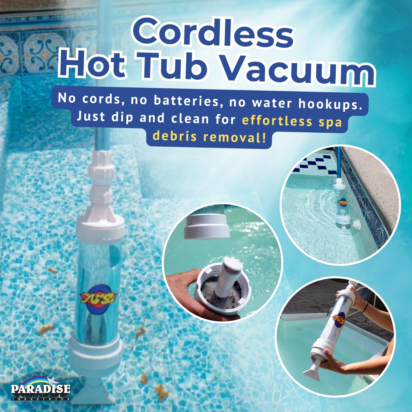 Rola-Chem 6250 Paradise Power Spa Vacuum – Manual Spa Vac for Hot Tub, Pool Stairs & Spas – Cordless Hot Tub Vacuum Cleaner with Telescopic Handle – Powered by Physics