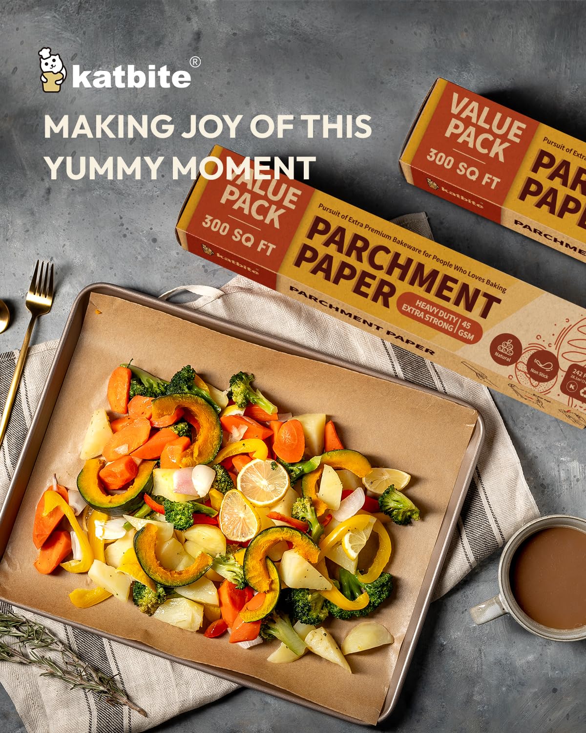 2 Value Pack 15in x 242ft, 300 Sq.Ft Unbleached Parchment Paper Roll for Baking, Katbite Parchment Baking Paper with Serrated Cutter, Non-stick Roll for Cooking, Air Fryer, Steaming, Bread