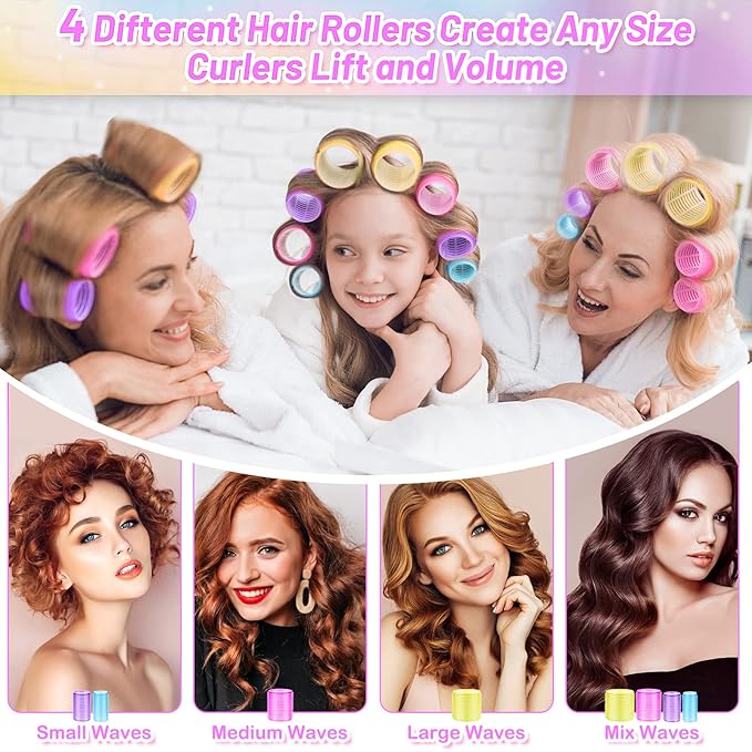 46pcs Hair Curlers Rollers, Cludoo Jumbo Big Hair Roller Sets with Stainless Steel Duckbill Clip, 4 Size Self Grip Hair Curlers Rollers for Long Medium Short Thick Fine Thin Hair Bangs Volume