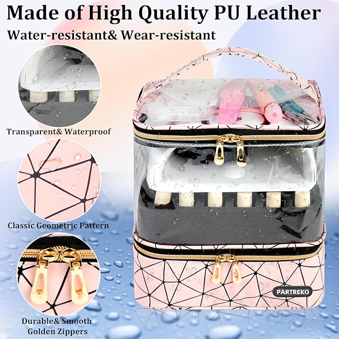 Clear Nail Polish Organizer Holds 60 Bottles (15ml/0.5fl.oz)& Nail Lamp, Double Layer Nail Supplies Organizer Case Transparent, PU Leather Nail kit Storage Bag for Manicure Tools (Pink)