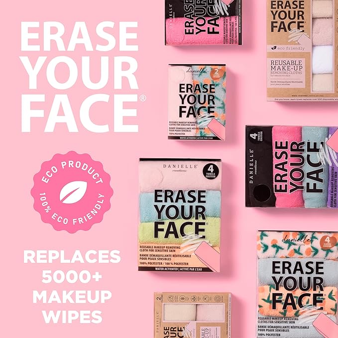 ERASE YOUR FACE Reusable Makeup Remover Cloths - Microfiber Face Towels to Cleanse & Remove Makeup - Water Activated for Sensitive Skin - Multi-Pastel (4 Count)