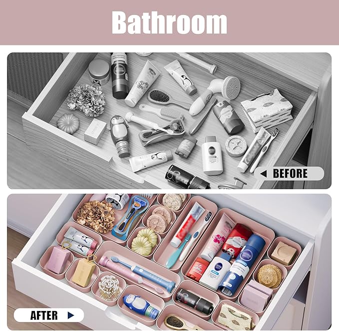 Plastic Drawer Organizers, 10 PCS Drawer Organizer Bins, Bathroom and Vanity Organizer Plastic Tray, Makeup organizer and storage for Makeup, Bedroom, Kitchen Gadgets Utensils and Office (Pink)