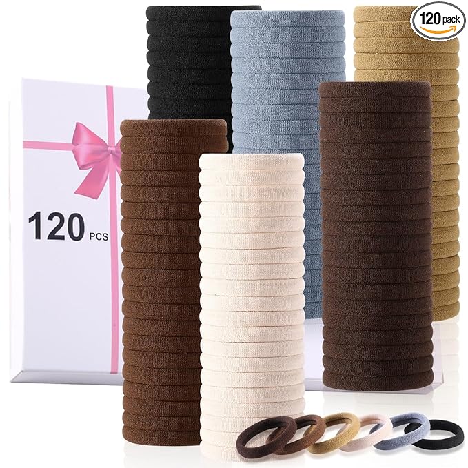 LuSeren 120 Pcs No Damage Hair Ties for Thick Hair, Large Soft Seamless Nylon Hair Elastics for Women, Ponytail Holders, Hair Accessories Ã¢ÂÂ Neutral Colors