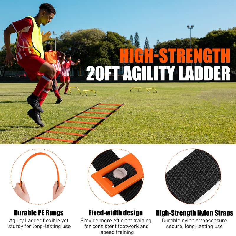 Agility Speed Training Equipment Set - 20ft Speed Ladder, 12 Cones, 4 Adjustable Hurdles, Jump Rope, Parachute, 3 Resistance Bands | Ideal for Basketball, Football, Soccer, for Kids, Youth, Adults