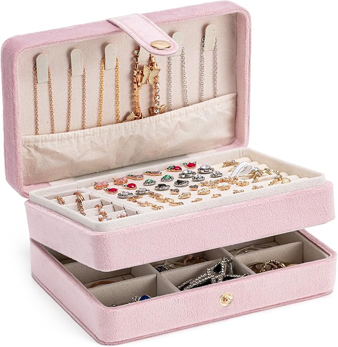MODENGKONGJIAN Jewelry Organizer Box, 2-Layer Large Jewelry Storage Case, Portable Travel Jewelrys Display Holder for Earrings, Necklaces, Bracelets (Pink,Velvet)