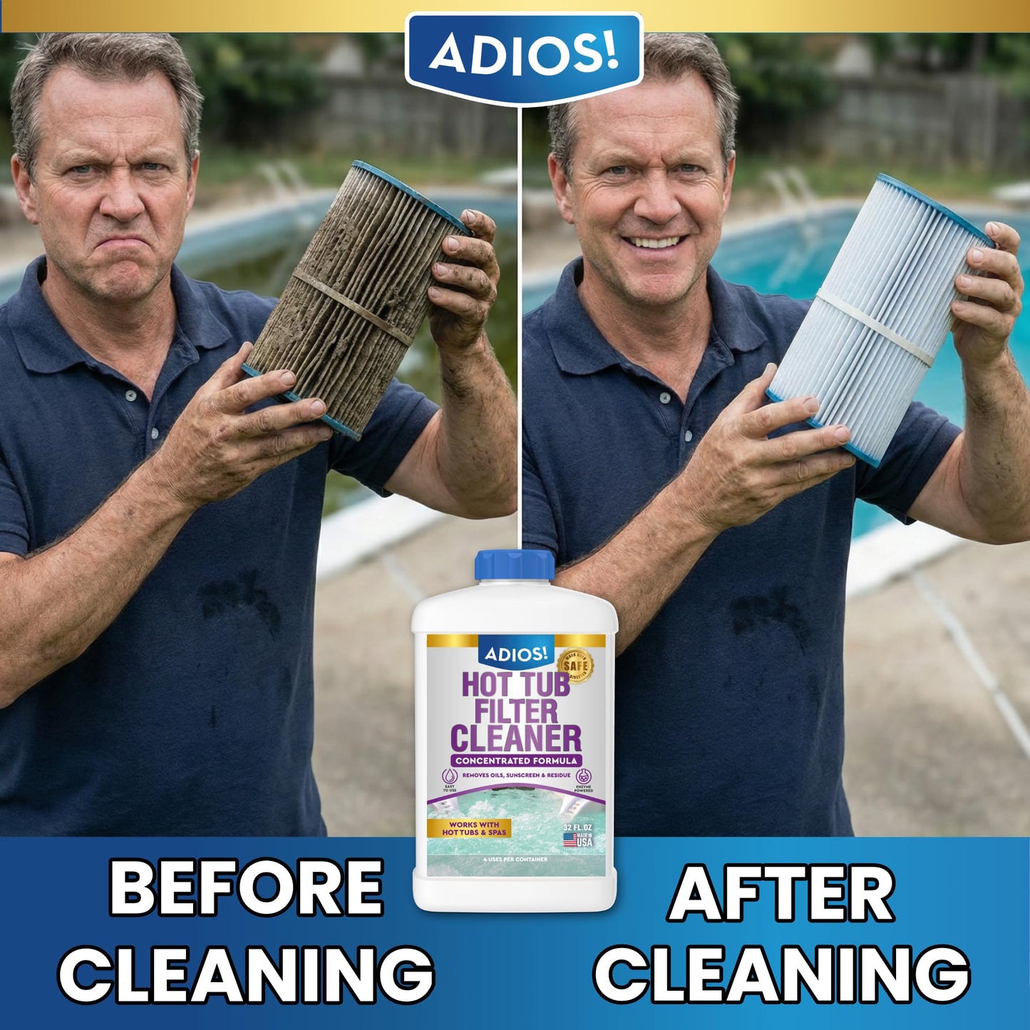 Adios! Hot Tub 4X Filter Cleaner for Spas – Deep Cleaning Soaking Solution Dissolves Grease and Grime, Unclogging and Restoring Water Flow (32oz)