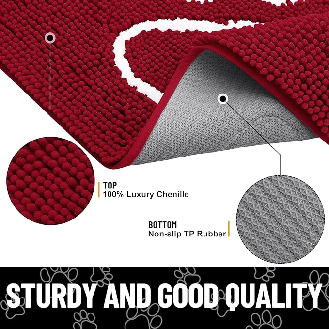 Smiry Dog Door Mat for Muddy Paws, Absorbent Dirt Trapper Non Slip Quick Dry Washable Chenille Mat for Mud Dogs, Entry Rug for Indoor and Outdoor (36x24 Inches, Red and White)
