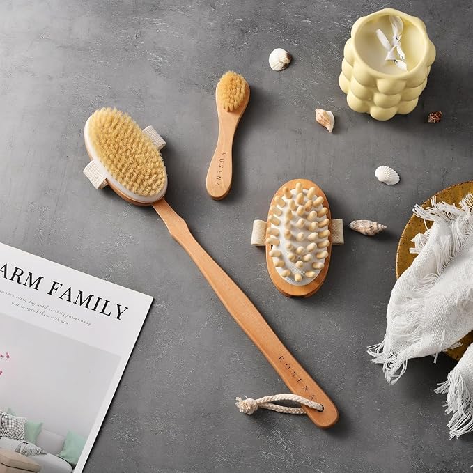 Dry Brushing Body Brush Set Ã¢ÂÂ Natural Bristle Spa Exfoliator Kit with Face Cleansing Brush, Long Dry Brushing Body Brush for Lymphatic Drainage & Massaging Cellulite Brush for Smooth, Radiant Skin