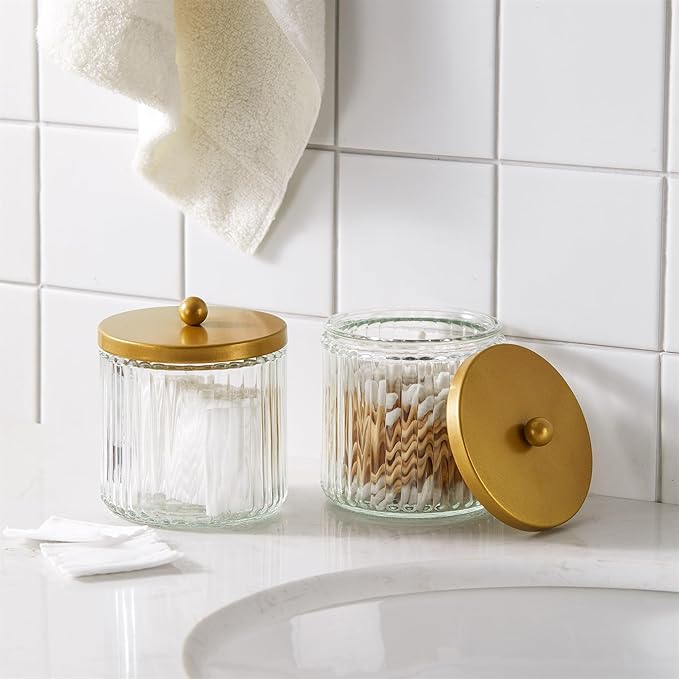KMwares Matte Golden Yellow Set of 2 Glass Qtip Holder Dispenser Set for Cotton Ball, Swab, Round Pads, Floss Picks - Bathroom Canister Storage Organization and Vanity Makeup Organizer