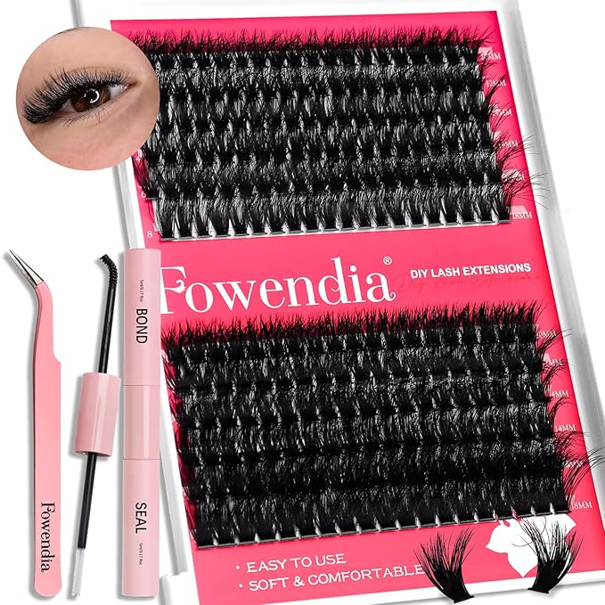 Fowendia Lash Clusters Kit Fluffy 60D 80D Individual Lashes D Curl Cluster Eyelash Extensions 10-18mm DIY Lash Extension Kit Lash Bond and Seal Waterproof, Lash Applicator, Thick False Eyelashes Kit