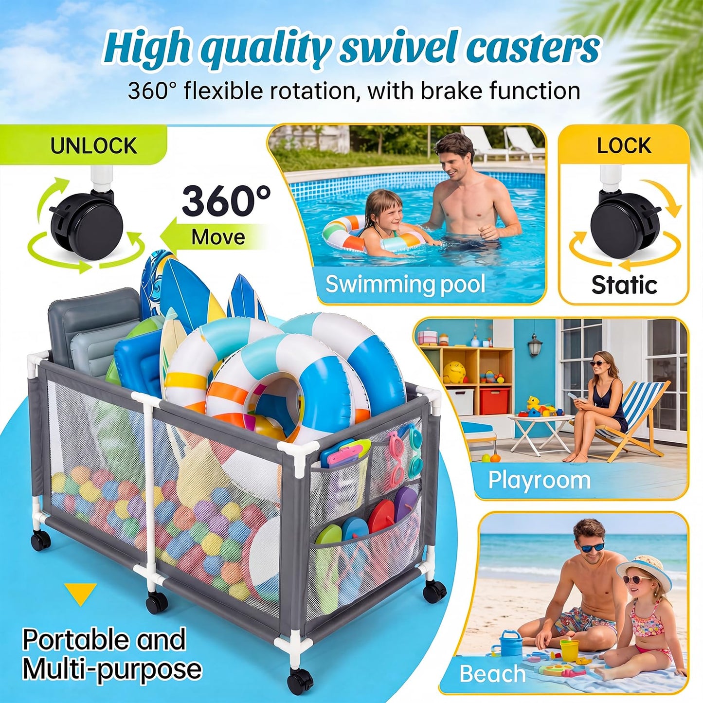 Extra Large Swimming Pool Storage Organizer Upgraded 280-Gallon Rolling Bin with Wheels Side Pockets Float Noodles Holder Mesh Cart for Pool Toys Swim Rings Surfboards Beach Gear Patio Yard Organizer