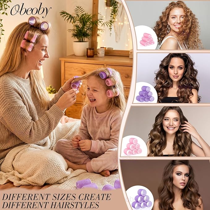 Obeoby 4 Sizes Hair Rollers for Women, 50 Pcs Set Hair Curlers with Clips Comb Curlers for Long Short Curly Hair and Bangs (25, 36, 48, 60mm), Pink Purple