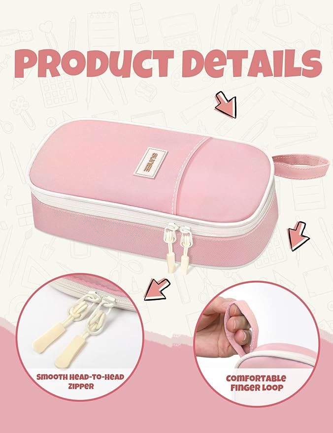 SUNEE Cute Pencil Case, Aesthetic Pen Pouch, Colored Large Pencil Bag with Zipper, Kawaii Stationery Storage and Organizer, School Supplies for Teen and Adult Girls, Pink