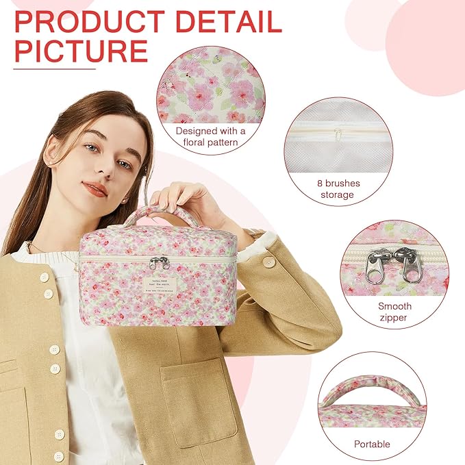 Gosect 1pc Large Makeup Bag, Cute Cosmetic Bag for Women Girls, Floral Coquette Aesthetic Toiletry Bag, Travel Make Up Organizer Bag (Pink Floral Print