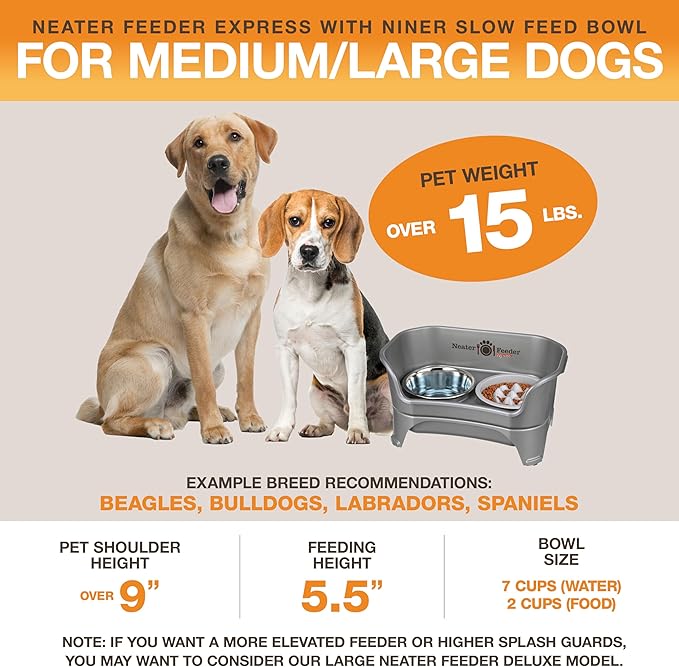 Neater Feeder Express Mess Proof Dog Bowls Elevated for Medium and Large Breed – Made in USA – No Spill Raised Slow Feeder Elevated Dog Bowl Stand, Slow Feed Food and Water Bowl Set, Grey