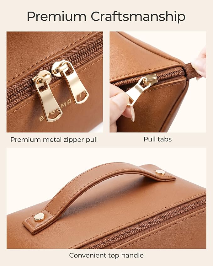 BAGSMART Makeup Bag Travel 3 Pcs Set Cosmetic Bag, Large Make Up Bag Flat Open Toiletry Bag for Women, PU Leather Travel Essentials Organizer Case, Wide-open Pouch for Skincare, Brushes,Classic Brown