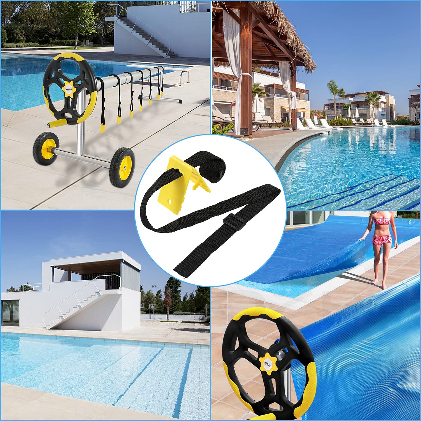 VINGLI Pool Cover Reel Set Solar Pool Cover Reel for Inground Swimming Pool, Aluminum Solar Swimming Inground Cover Blanket Reel (Upgrade) (Straps)