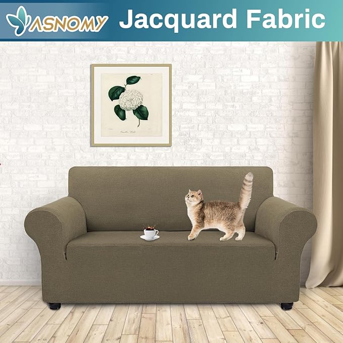 Asnomy Sofa Covers for 2 Cushion Couch Stretch loveseat Covers Slipcovers, Pet Protector Furniture Covers for Dogs Cats Spandex Jacquard Fabric Small Checks （Medium，Khaki）