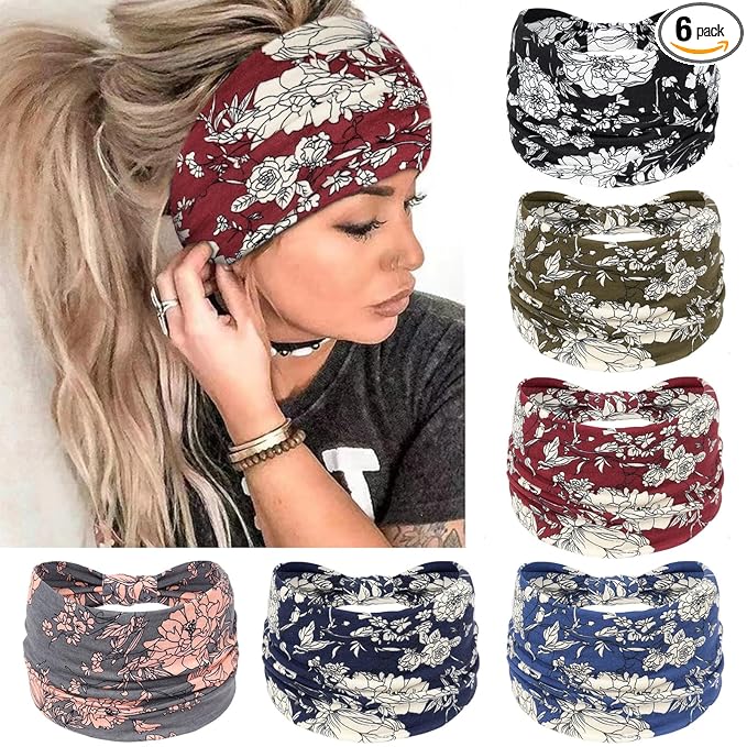 Awumbuk Wide Headbands for Women Knotted No Slip Head Bands Soft Turban Headband Hair Accessories Boho African Solid Color Head Wraps for Women Yoga Workout Pack of 6