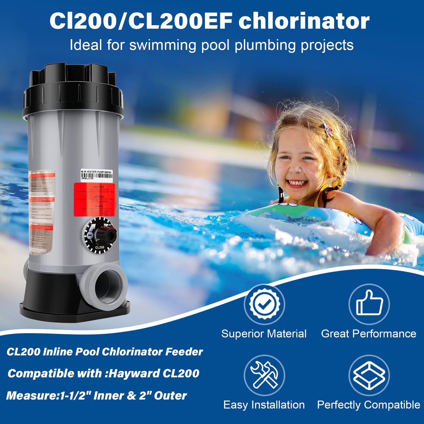 CL200 Inline Chlorinator Replacement for Hayward CL200EF Chlorine Feeder, Inground Pool Inline Automatic Chlorinator Feeder, High-Grade ABS Material, Easy to Use (2 O-Rings)