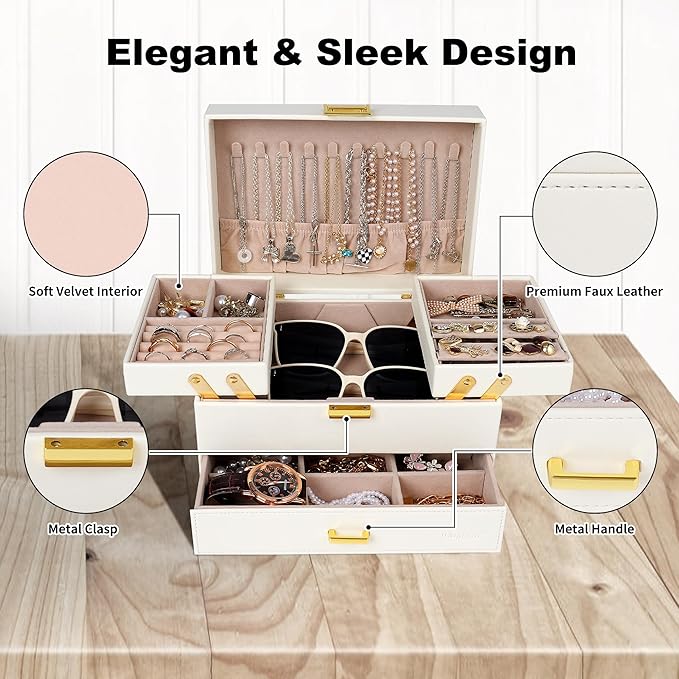 Dajasan Jewelry Organizer Box, Large Jewelry Boxes for Women Girls, Compact 3 Layers Jewelry Storage Case with Drawer, Movable Metal Stand, Modern, Gift Idea (Cloud White + Gold)