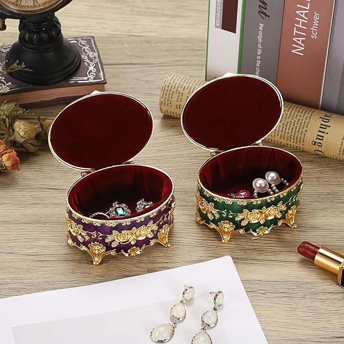 Hipiwe Vintage Jewelry Box Oval Trinket Display Case with Rose Pattern Decorative Green Treasure Box Ring Holder for Women
