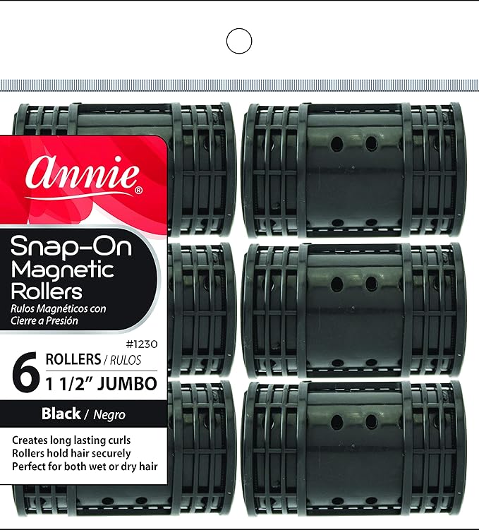Annie Snap-On Magnetic Hair Rollers – Jumbo 1 1/2 Inch with Locking Snap-Over Hood – Secure Hold No Pins Needed – Black, 6 Count