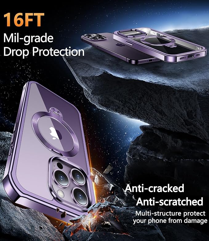 [360° Rotatable CD Stand & Built-in Privacy Screen] Magnetic Case for iPhone 14 Pro Max[Compatible with MagSafe&Full Signal]Mil-Grade Shockproof Full body Anti-Spy Cover for 14 Pro Max-Purple