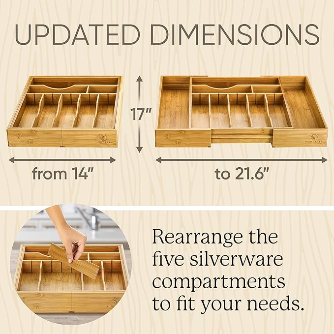 Night Tree 2.5Ã¢ÂÂ Extra Deep Silverware Drawer Organizer with Adjustable Dividers Ã¢ÂÂ Expandable Bamboo Flatware Tray for Kitchen, Reinforced Wood Cutlery Holder (14"-21.6" Wide)