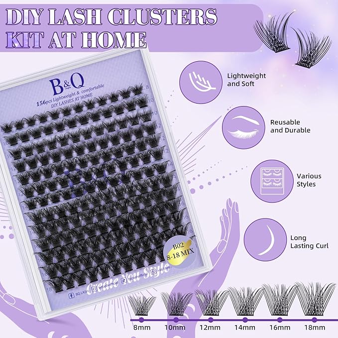 B&Q Wispy Lash Clusters Kit B02, DIY Lash Extension Kit 156PCS Eyelash Extension Kit, Soft Natural Lash Clusters 8-18MIX D Curl Lash cluster, Thin Black Band Cluster Eyelash Extensions (B02 Set)