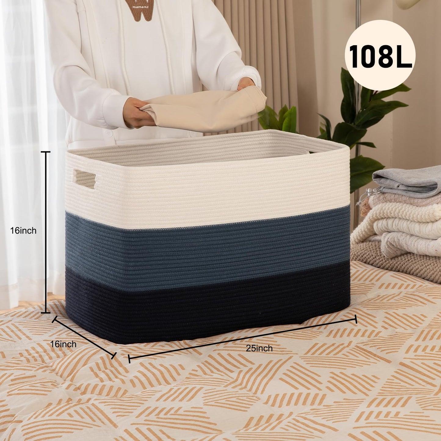 OIAHOMY 108L Super Large Blanket Basket, 25”x16”x16” Rectangle Woven Baskets for Storage, Cotton Rope Basket For Living Room, Toy Storage with Handle - Gradient Blue