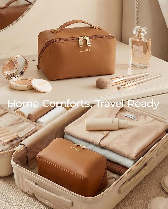 BAGSMART Makeup Bag Travel Cosmetic Bag, Large Make Up Bag Flat Open Toiletry Bag for Women, Waterproof PU Leather Travel Essentials Organizer Case, Wide-open Pouch Purse for Skincare, Brushes, Camel