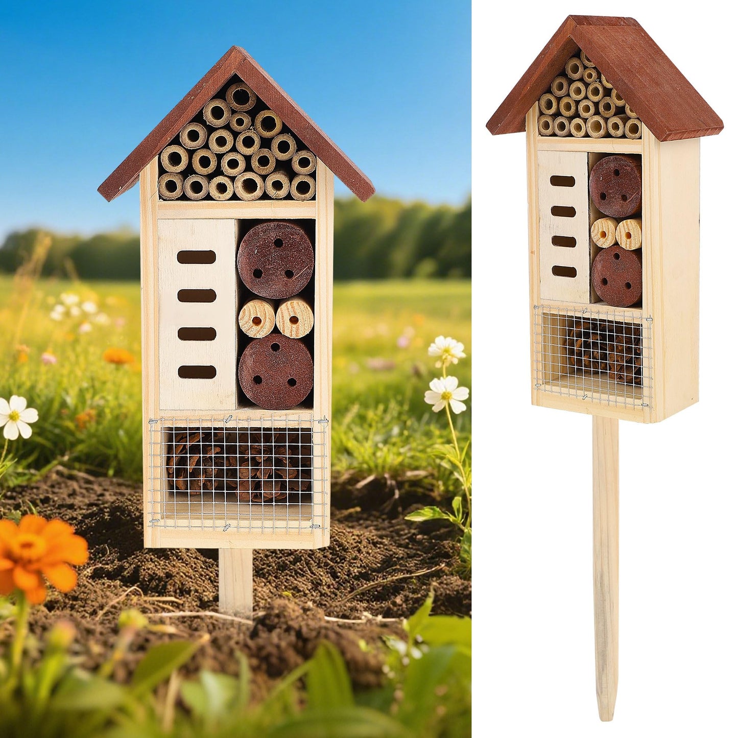 Lulu Home Wooden Insect House with Stake, Hanging & Inserting Two Mount Ways Insect Hotel for Bee, Butterfly, Ladybirds, Beneficial Insect Habitat, Bug Hotel Garden, 19.7 X 3.4 X 5.4 Inch